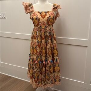 NWT OLLARI NEW YORK Sz small fully lined maxi square neck dress colorful pattern